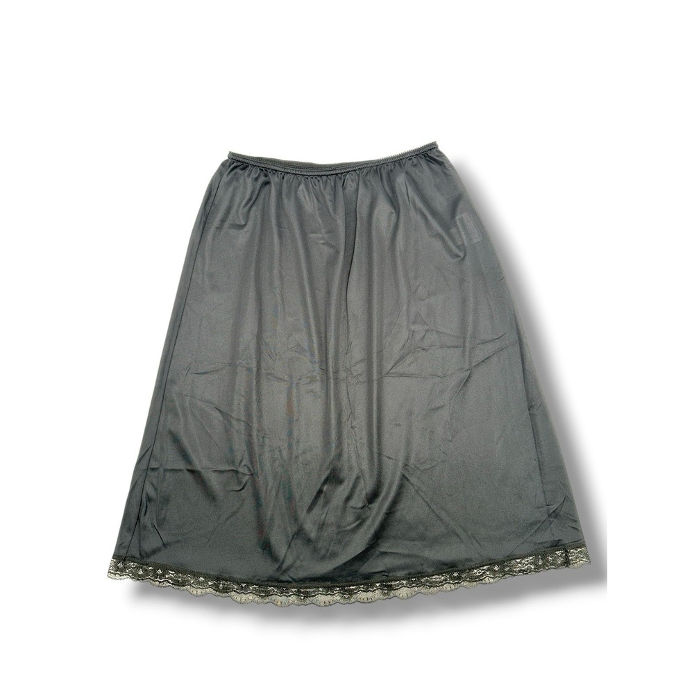 VTG WorNOut Black Nylon Half Slip Skirt Lace Trim USA Lingerie Y2K Goth Coquette